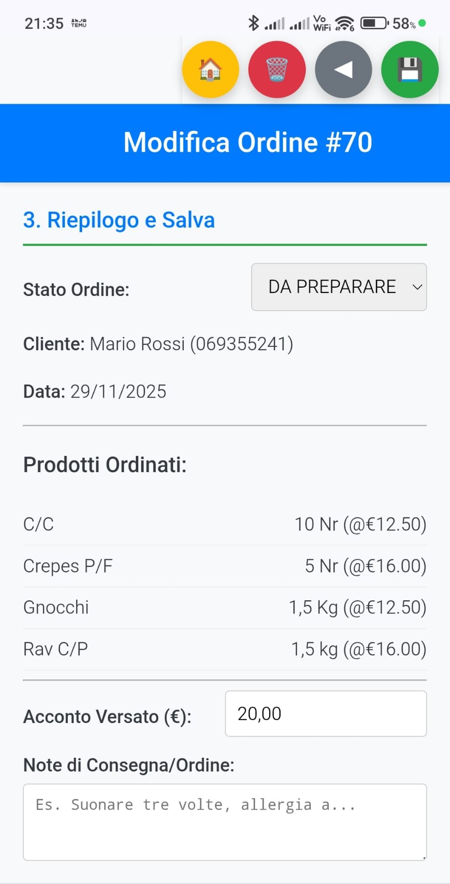 Schermata 2 - Inserimento Nuovo Ordine
